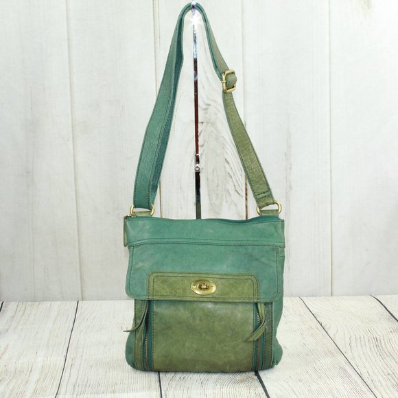 Fossil Handbags - Fossil Green Leather Turn Lock Front Pocket Crossb